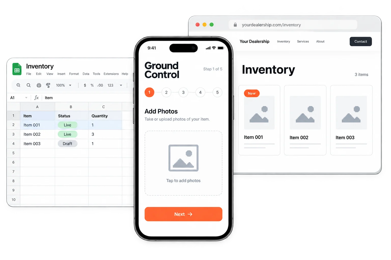 Ground Control: a spreadsheet, the mobile intake flow, and the live dealership inventory page