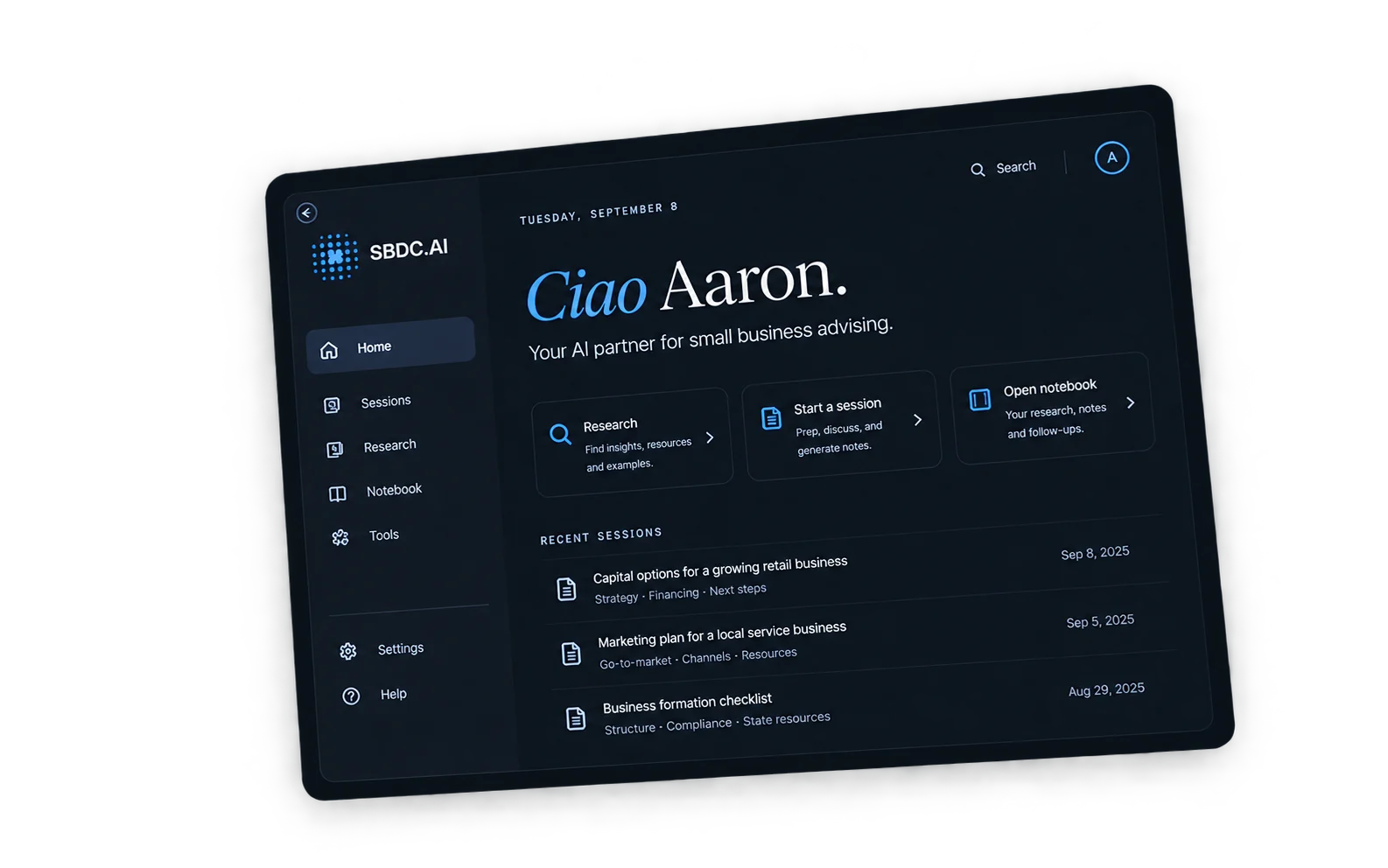 The SBDC.AI home screen on a tablet: research, sessions, and notebook for an advisor
