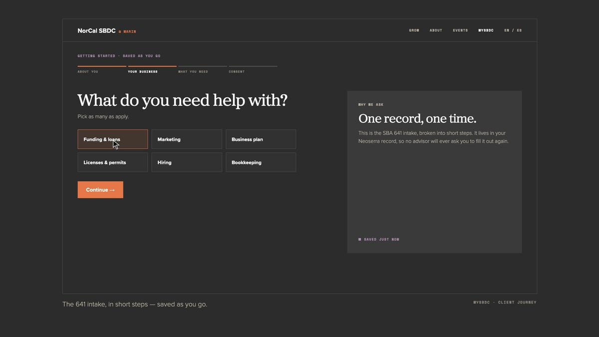 The MySBDC intake: the question “What do you need help with?” with six options to choose from and a Continue button, beside a note that the record is saved as you go.